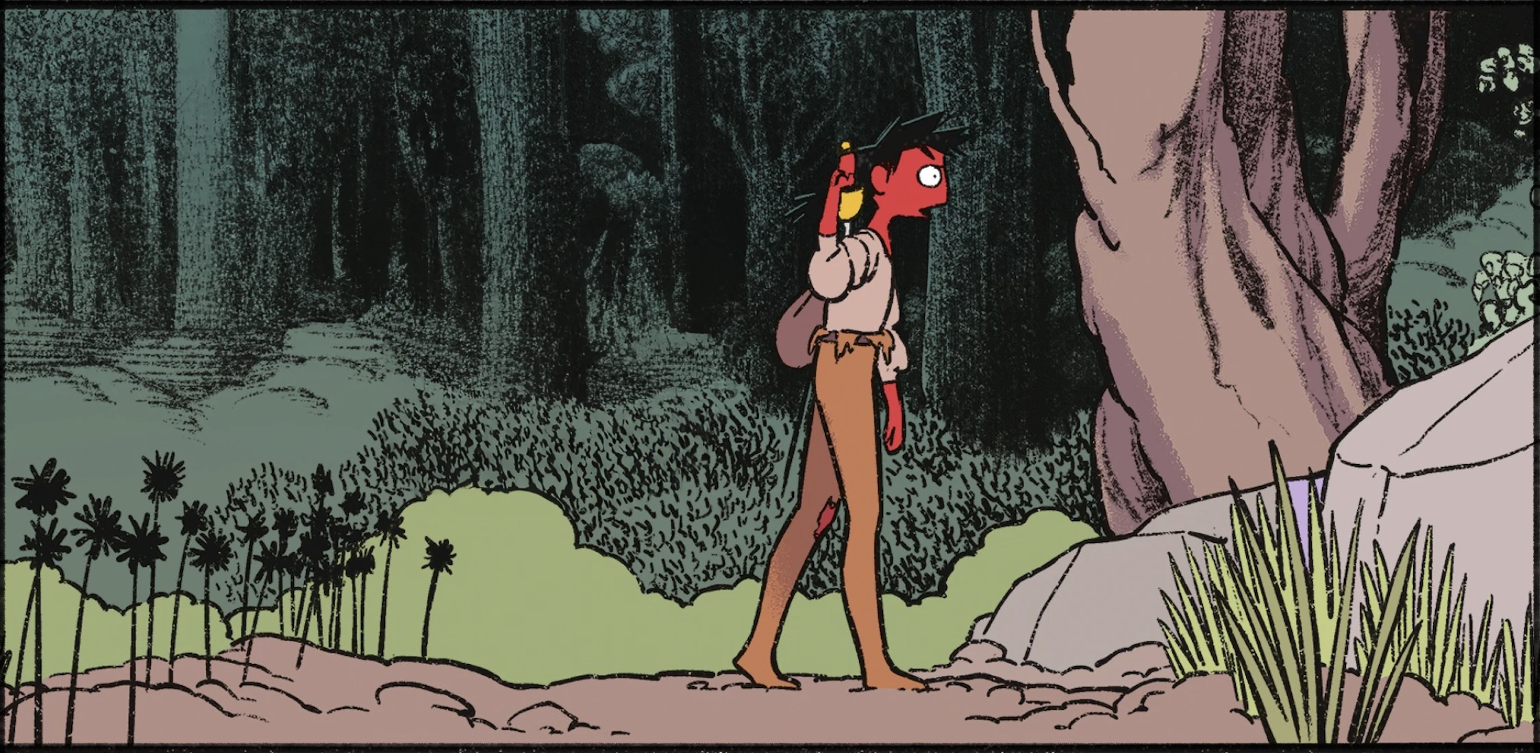 Ysa et l'épée, dans le présent, qui marchent dans une forêt