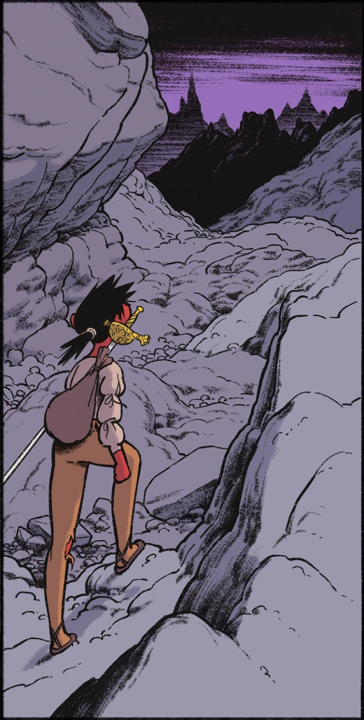 Ysa et l'épée, dans le présent, qui marchent dans des montagnes